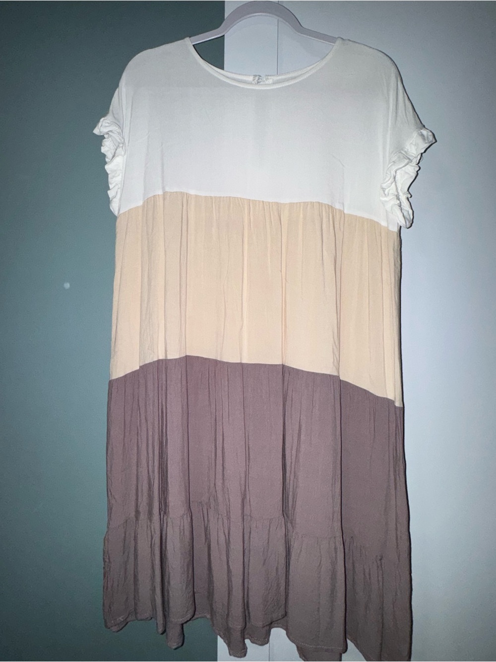 Relaxed Tiered Colorblock Mini Dress in White, Cream & Brown